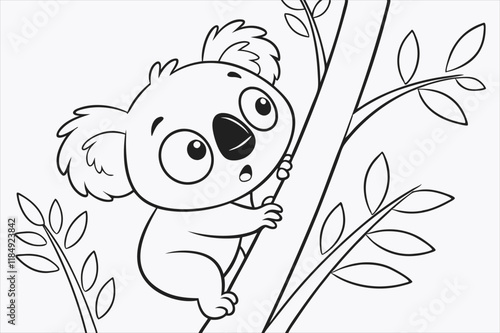 A cartoon illustration of a baby koala climbing a tree