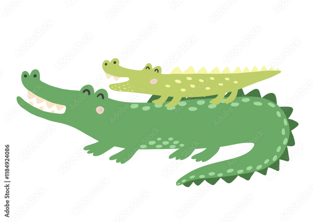 Fototapeta premium Cute mother and baby alligators in cartoon style. Funny tropical crocodiles clipart isolated on white background. Vector illustration