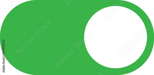 On toggle switch button flat icon. Switch button ON isolated on transparent background. Power on and slider switch icon. Modern web and mobile app switch button interface element. Green, white button.