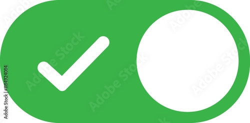 On toggle switch button flat icon. Switch button ON isolated on transparent background. Power on and slider switch icon. Modern web and mobile app switch button interface element. Green, white button.