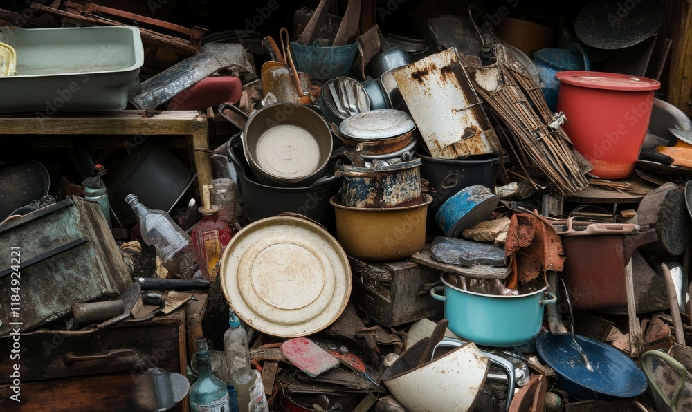 Pile of broken and discarded items, including pots, pans, bottles, and other miscellaneous junk. Pile of broken and discarded items, including pots, pans, bottles, and other miscellaneous junk.