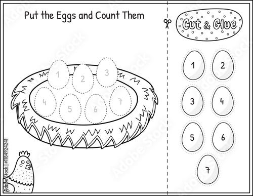Put eggs in the nest black and white game for kids. Cut and glue educational activity page in outline. Match the numbers. Vector illustration