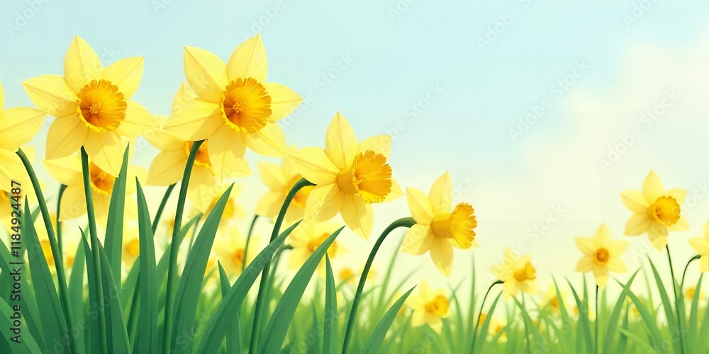 Fototapeta premium Spring Daffodils Field Yellow Flowers Nature Background