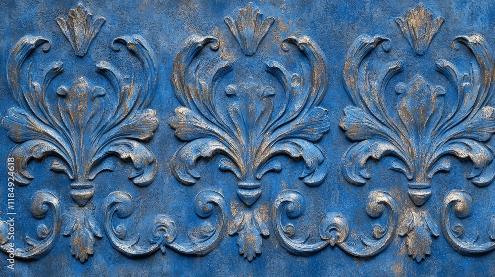 Elegant ornamental design in rich blue and gold tones featuring intricate floral patterns on a textured surface Elegant ornamental design in rich blue and gold tones featuring intricate floral patterns on a textured surface