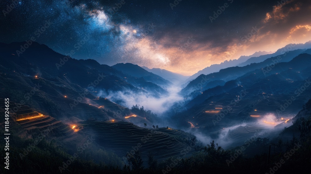Breathtaking nightscape of terraced fields under a starry sky, showcasing ethereal beauty. Breathtaking nightscape of terraced fields under a starry sky, showcasing ethereal beauty.