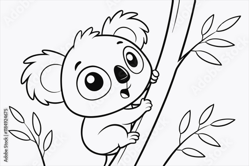 A cartoon illustration of a baby koala climbing a tree