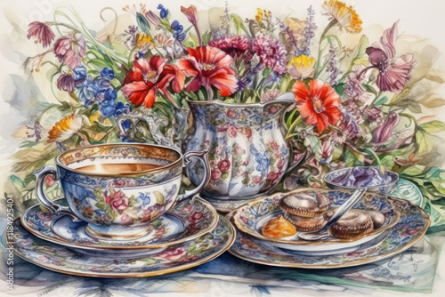 still life in watercolor style with a tea set and flowers. In the center of the composition is a beautiful tea cup and saucer, decorated with a floral pattern  photo