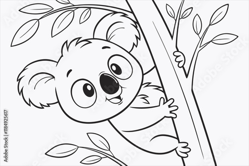A cartoon illustration of a baby koala climbing a tree