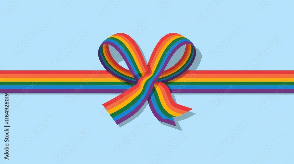 A vibrant multi-colored rainbow ribbon tied in a bow against a soft blue background, symbolizing love, diversity, and celebration. A vibrant multi-colored rainbow ribbon tied in a bow against a soft blue background, symbolizing love, diversity, and celebration.