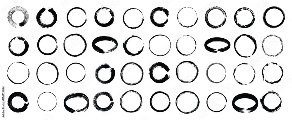 Grunge circles brush set. Black circle frames. Round line of black paint. Grunge round shapes. Circular ink brush stroke fro design elements. Vector illustration. Grunge circles brush set. Black circle frames. Round line of black paint. Grunge round shapes. Circular ink brush stroke fro design elements. Vector illustration.