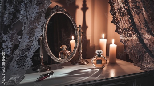 Wedding Boudoir with Candles, Perfume, and Lace photo