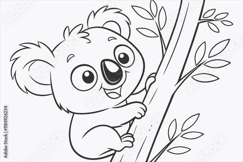 A cartoon illustration of a baby koala climbing a tree