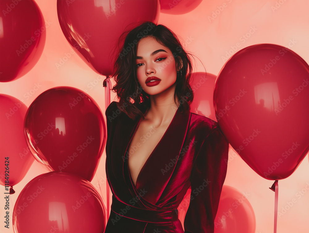 woman in a high-fashion ensemble, holding a bouquet of red balloons, set against a luxurious cityscape for Valentine's Day