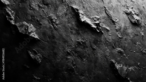 Abstract texture of a dark rocky surface with jagged edges and shadows, creating a dramatic visual effect.