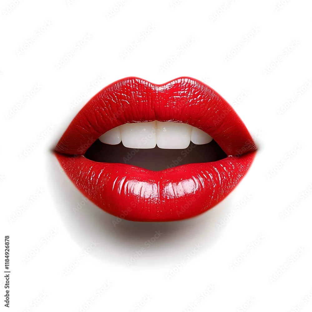 Glossy red lips display a perfect smile, conveying confidence and allure against a clean white background. Glossy red lips display a perfect smile, conveying confidence and allure against a clean white background.
