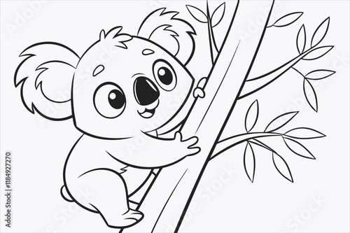 A cartoon illustration of a baby koala climbing a tree