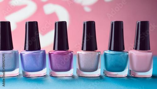 Set of colorful nail polish bottles on colorful background. Various shades. Beauty concept. photo