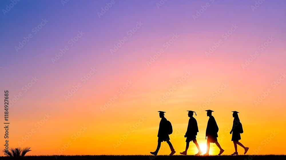 Fototapeta premium Silhouetted graduates walking at sunset, symbolizing achievement, transition, and new beginnings in their academic journey.