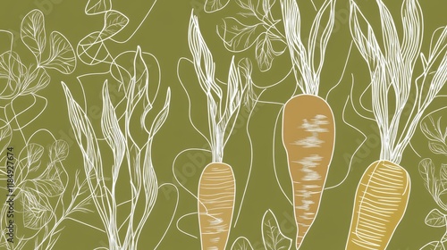 Elegant Line Art Carrots on a Green Background: A Fresh and Rustic Design for Your Home or Office