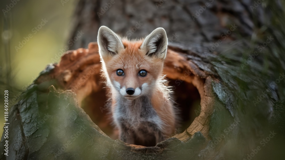 Fototapeta premium A curious red fox kit peeks out from a hollow tree trunk, surrounded by soft green foliage, observing its surroundings with bright, inquisitive eyes.