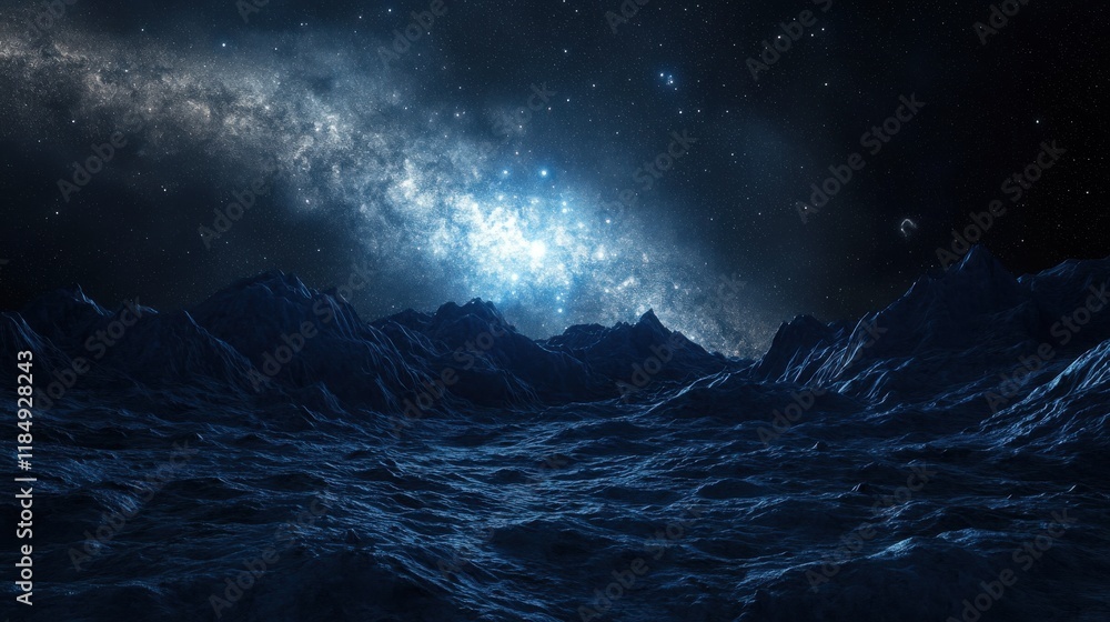 A breathtaking view of a cosmic landscape with blue-toned mountains under a starry sky. A breathtaking view of a cosmic landscape with blue-toned mountains under a starry sky.