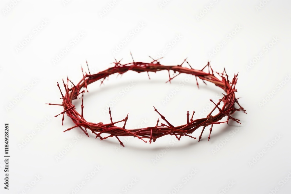 Red crown of thorns lying on white background, representing jesus christ's suffering Red crown of thorns lying on white background, representing jesus christ's suffering
