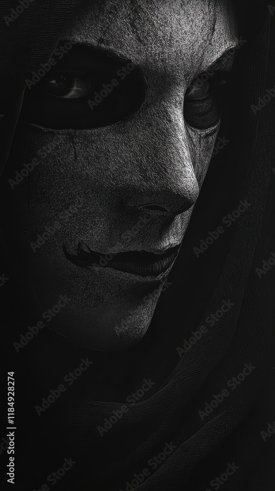 Mysterious Woman Wearing a Cracked Mask and Hood Mysterious Woman Wearing a Cracked Mask and Hood