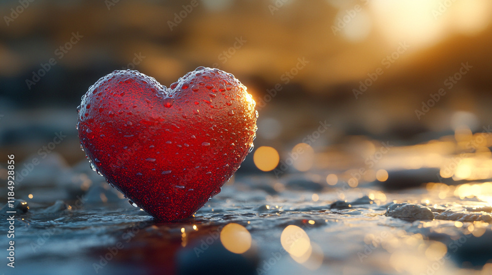 Fototapeta premium Red heart with water droplets on surface during sunset at beach