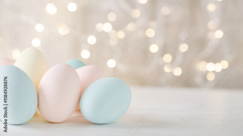 Fototapeta premium Serene pastel easter eggs arrangement on table with soft fairy lights