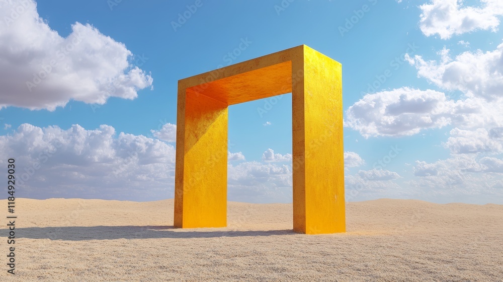 3d render, Surreal desert landscape with white clouds going into the yellow square portals on sunny day. Modern minimal abstract background 3d render, Surreal desert landscape with white clouds going into the yellow square portals on sunny day. Modern minimal abstract background