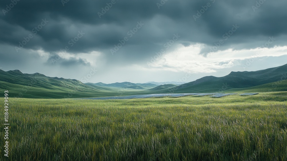 Vast green landscape under dramatic clouds, serene and lush with rolling hills in the distance. Vast green landscape under dramatic clouds, serene and lush with rolling hills in the distance.