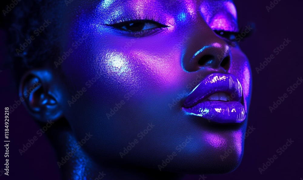 Model with vibrant purple makeup on face and lips, showcasing skin texture and glossy finish. Model with vibrant purple makeup on face and lips, showcasing skin texture and glossy finish.
