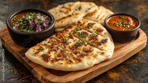 Wallpaper Mural Naan bread is freshly prepared and garnished with herbs, accompanied by vibrant chutneys and sauces in small black bowls, creating an appetizing presentation Torontodigital.ca