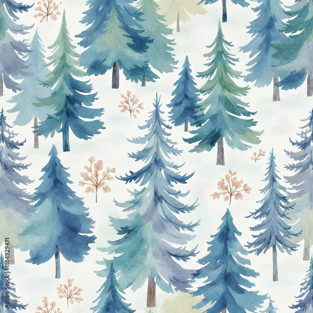 Obraz premium Watercolor illustration of seamless pattern with trees, tree pattern, pattern of trees