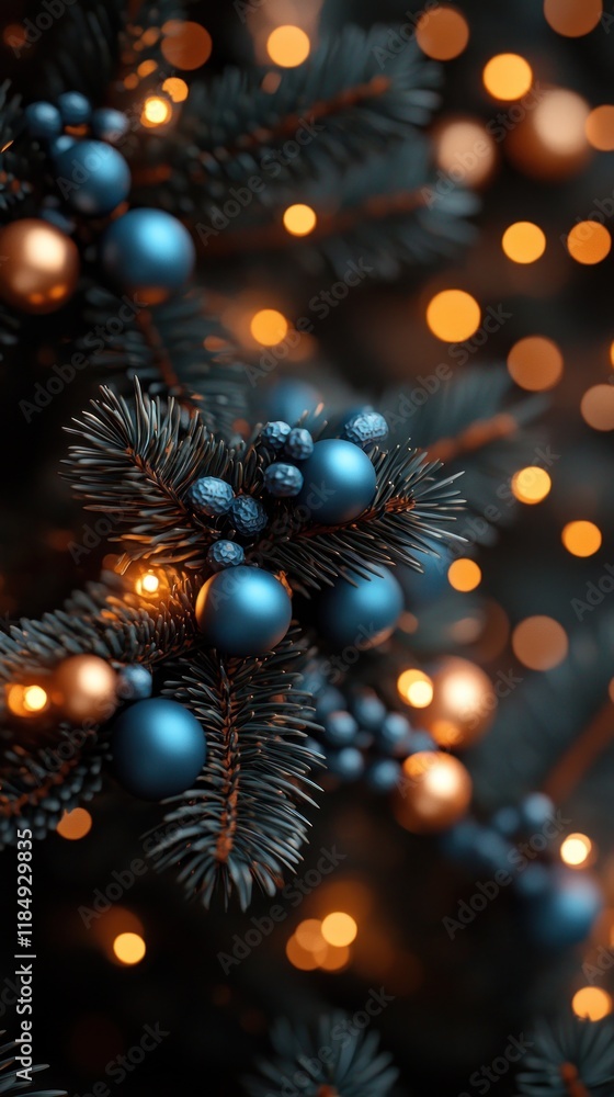 Close-up of Christmas tree branches with blue and gold ornaments and warm lights. Close-up of Christmas tree branches with blue and gold ornaments and warm lights.
