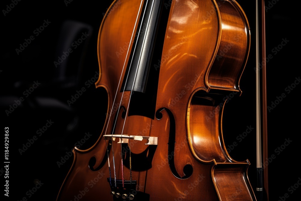 Fototapeta premium Polished cello standing in a dark room with its bow, strings and bridge glowing in the spotlight