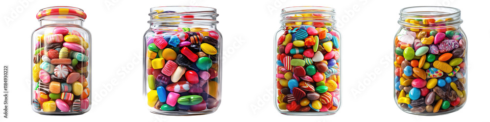 Glass jar filled with assorted candy isolated on transparent background, Set of Glass jar filled with assorted candy isolated on transparent background, Set of