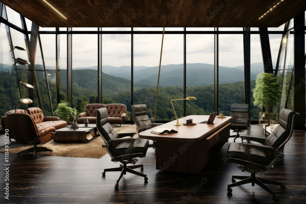 Fototapeta premium Luxurious office space with large windows showcasing breathtaking mountain views, creating a serene and inspiring work environment