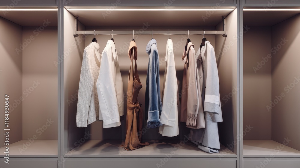 A stylish wardrobe featuring a range of elegant clothing, showcasing a mix of textures and colors in a modern, organized setting. A stylish wardrobe featuring a range of elegant clothing, showcasing a mix of textures and colors in a modern, organized setting.