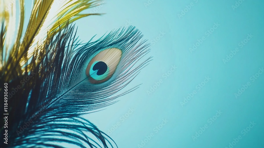Obraz premium Close up of a vibrant peacock feather against a light blue background