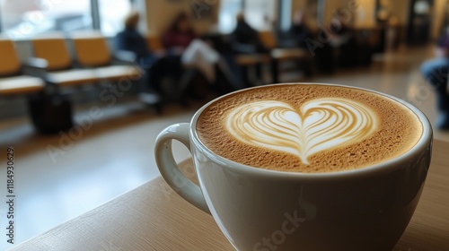 Heart drawn in foam on a coffee cup in a busy hospital waiting room photo