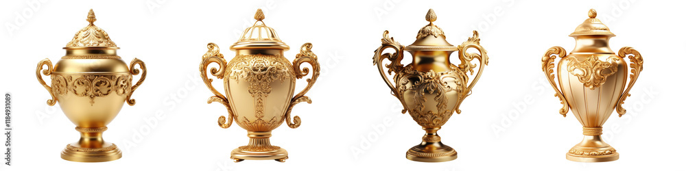 Gold vase with lid and handles isolated on transparent background, Set of Gold vase with lid and handles isolated on transparent background, Set of