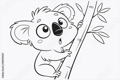 A cartoon illustration of a baby koala climbing a tree