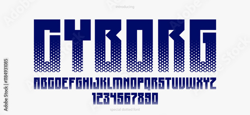 Halftone dotted futuristic cyberpunk font for logos and posters, vector brutal industrial typeface alphabet letters and numbers, urban technic future typography.