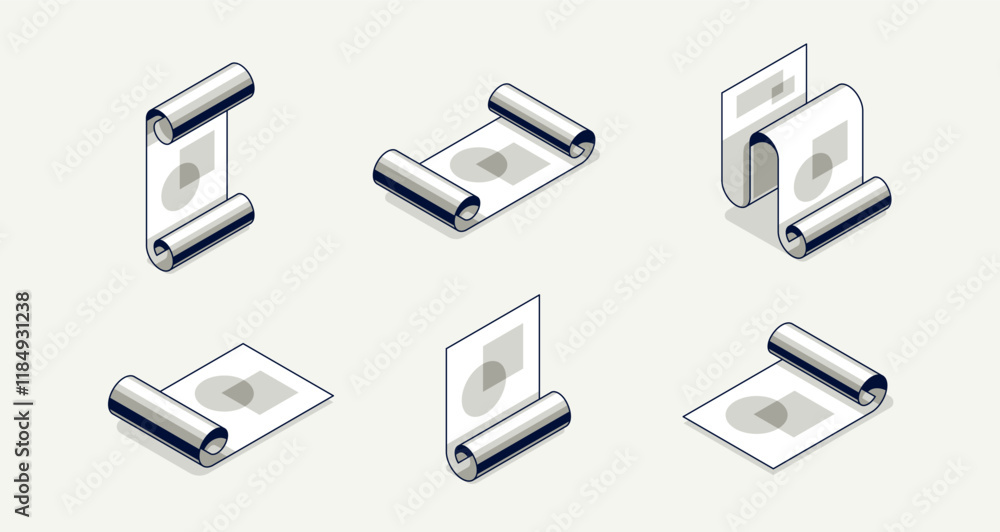 Engineering project concept set, paper document blueprint engineer work job vector 3D isometric illustration, abstract plan drawing, cad scheme icon. Engineering project concept set, paper document blueprint engineer work job vector 3D isometric illustration, abstract plan drawing, cad scheme icon.