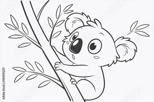 A cartoon illustration of a baby koala climbing a tree