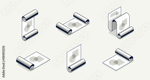 Engineering project concept set, paper document blueprint engineer work job vector 3D isometric illustration, abstract plan drawing, cad scheme icon.