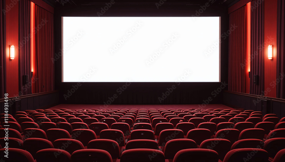 Fototapeta premium Empty Movie Theater with Red Seats and Blank Screen Generative AI