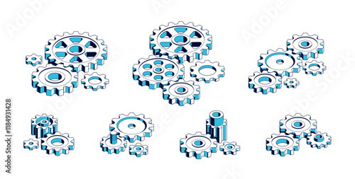 Mechanical engineering concept set, gears and cogs composition isometric 3D vector illustration, cogwheels system technology and technics machinery engine.