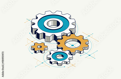 Mechanical engineering concept, gears and cogs with project drawing draft isometric 3D vector illustration, cogwheels system technology and technics machinery engine.